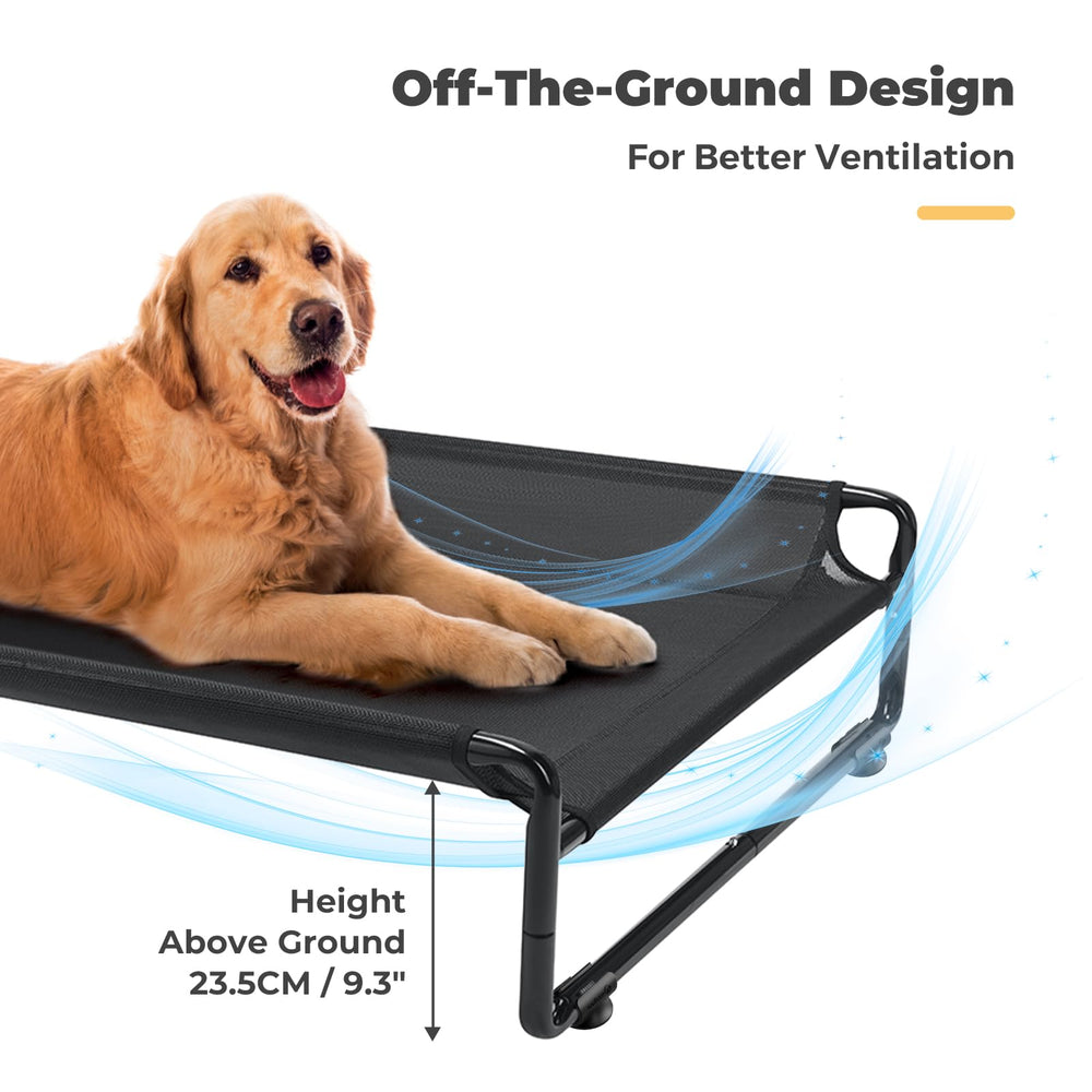 Veehoo Outdoor Elevated Dog Bed portable, tool-free assembly for indoor or outdoor use.