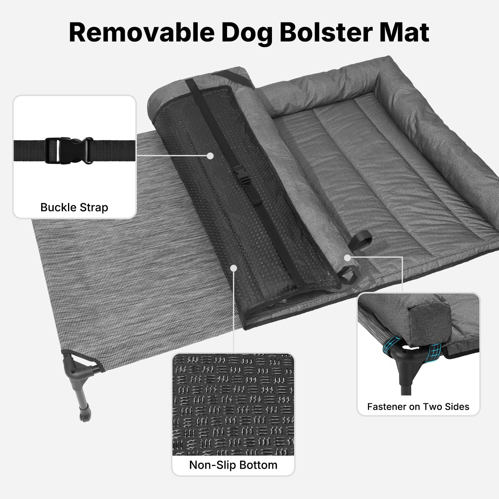 Veehoo raised pet cot non-slip feet; stable indoor or outdoor use.