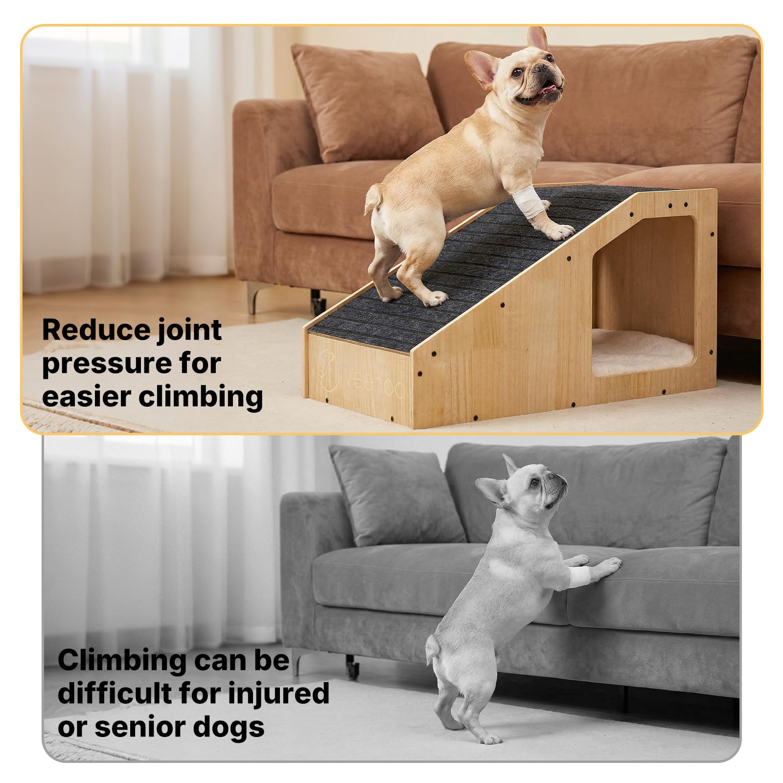 Veehoo ramp in use on bed for easy access by a senior dog.