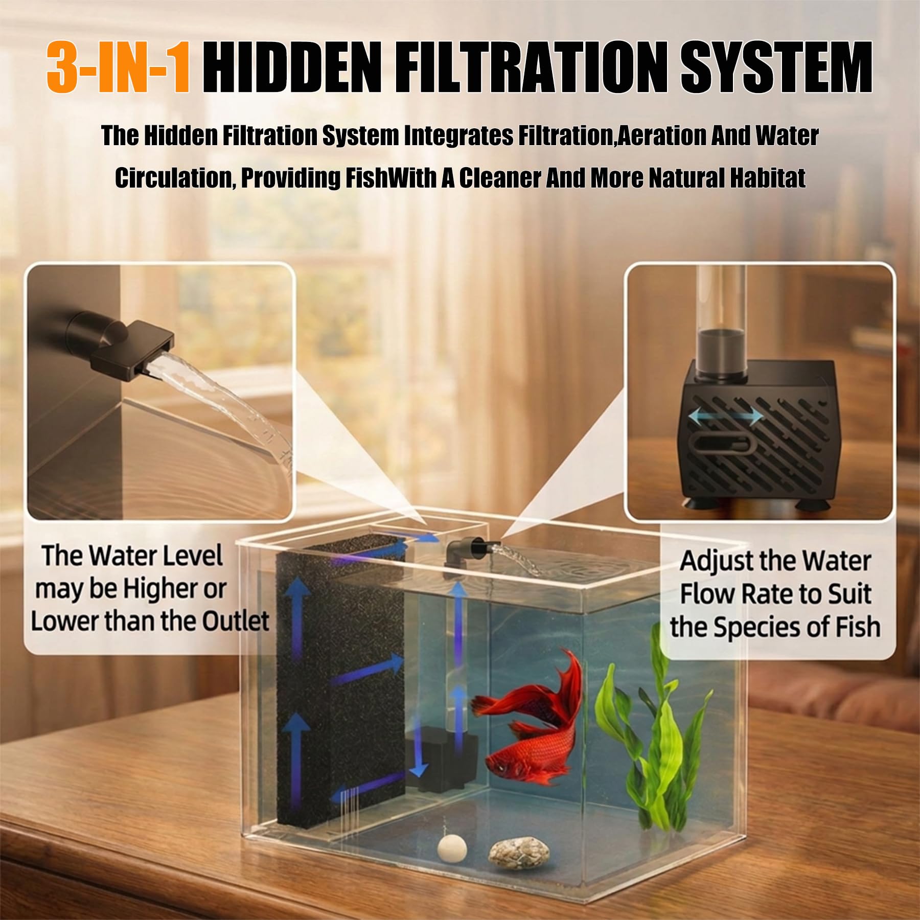 Vehipa Betta Tank 1Gal filter-pump integration for quiet, clear water