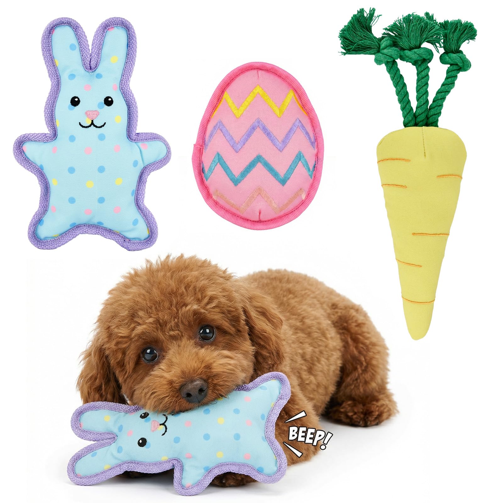 Vehomy Easter carrot toy with squeaker for interactive chewing.