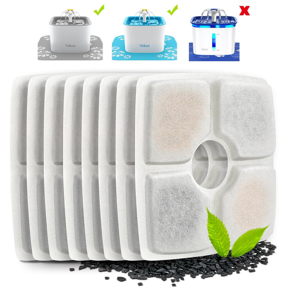 Veken 8-pack replacement filters for 84oz fountain enhance water clarity and taste.