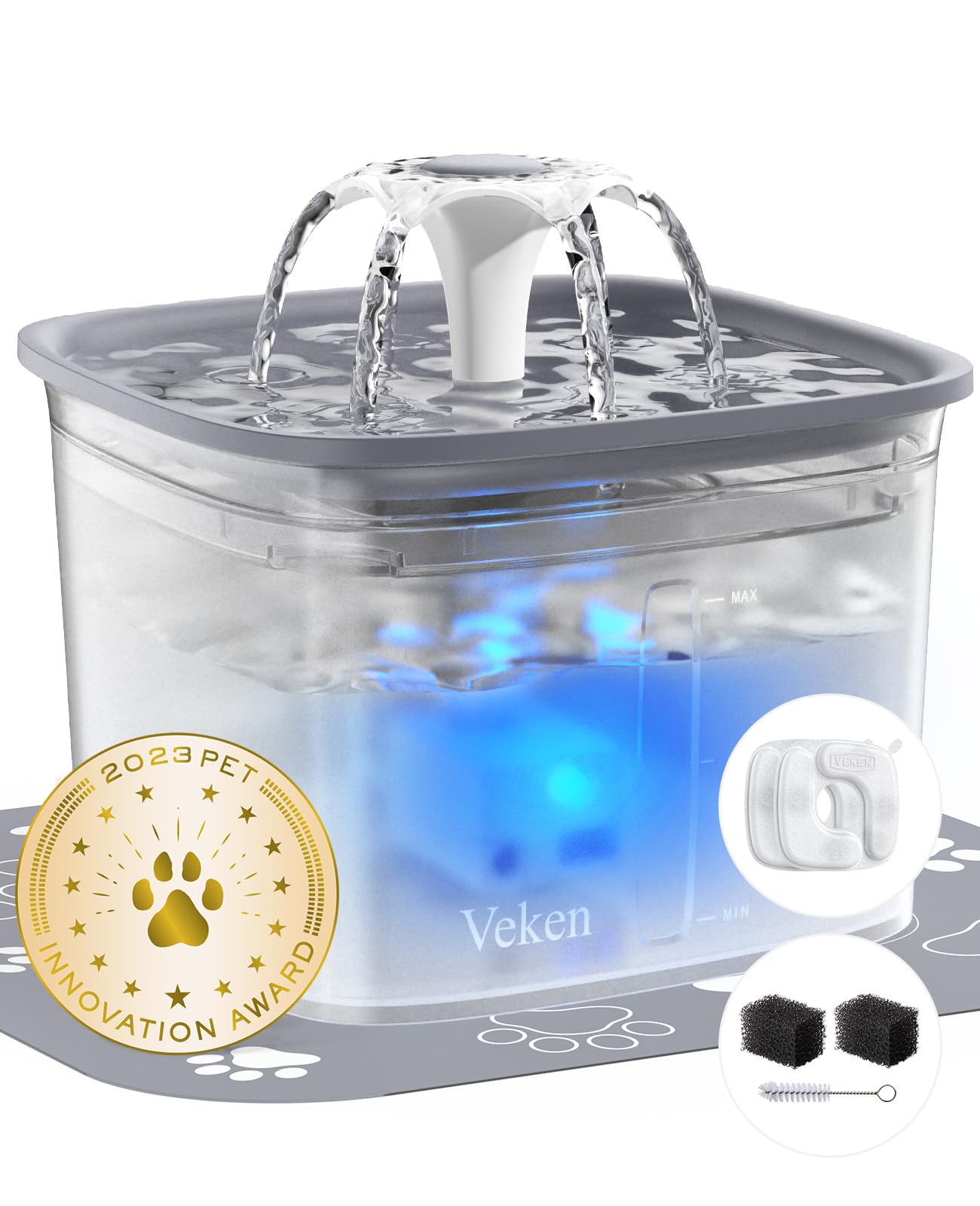 Veken 95oz fountain front view shows transparent gray bowl for easy monitoring.