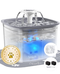 Veken 95oz fountain front view shows transparent gray bowl for easy monitoring.