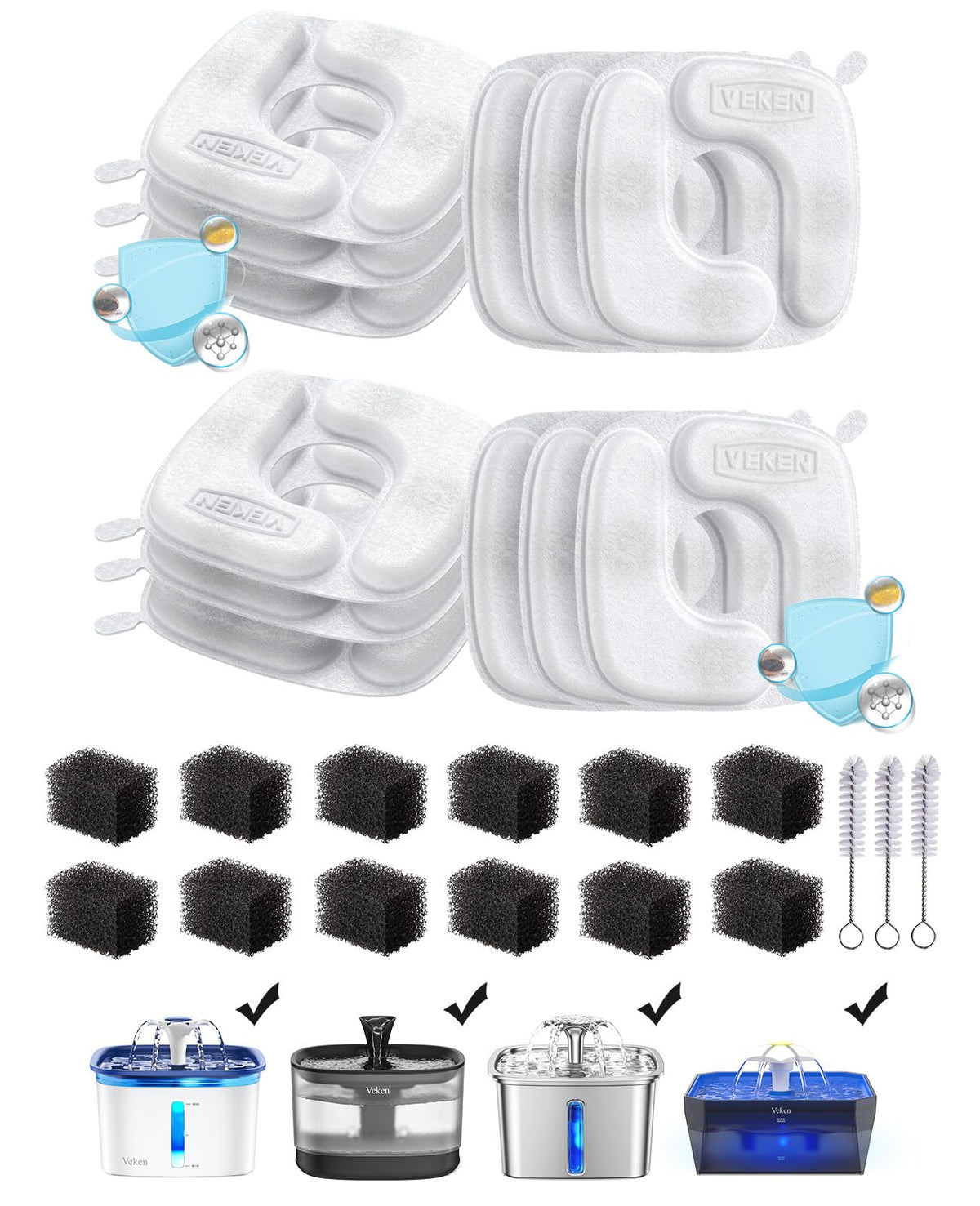 Veken cat fountain filters closeup showing multilayer filtration for clean water