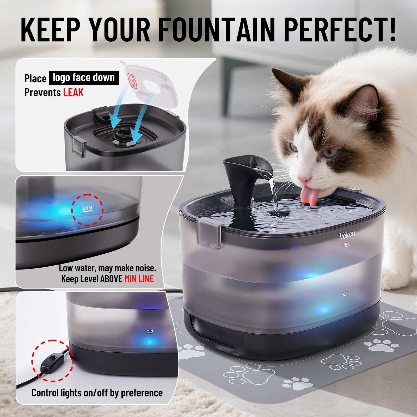 Veken fountain LED light helps night monitoring
