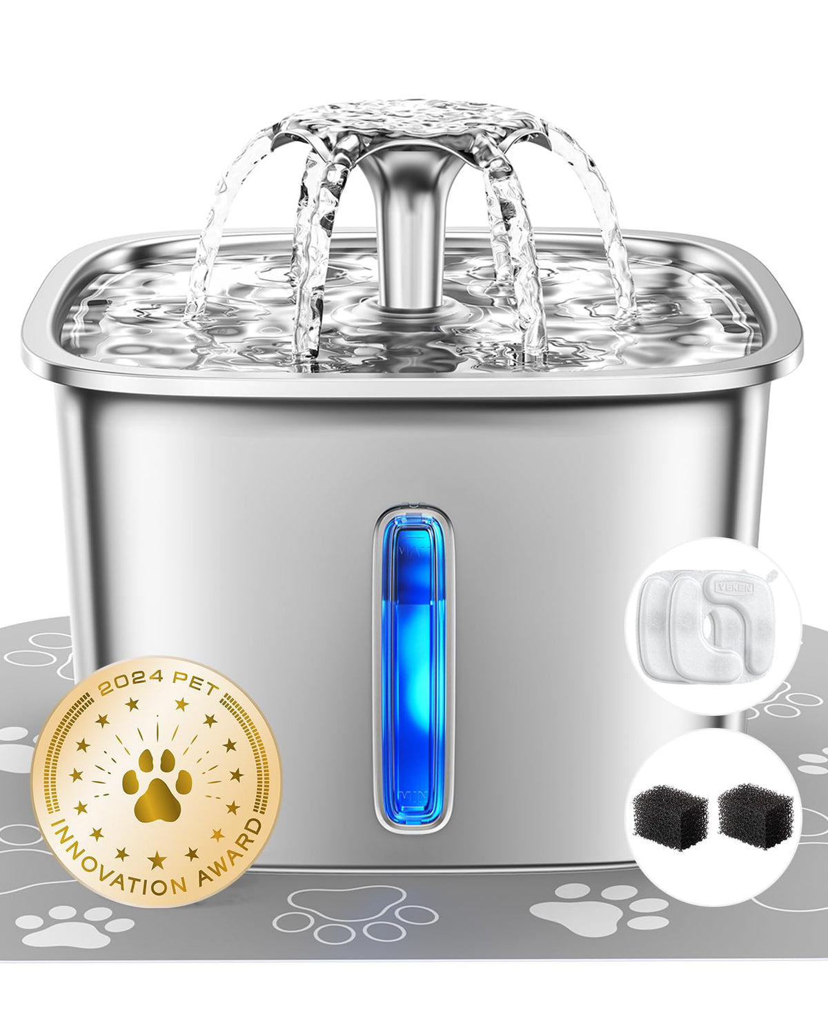 Veken fountain front view showing a sleek stainless steel design for easy pet access