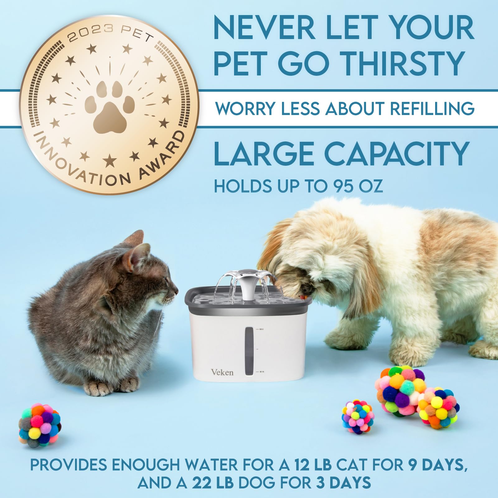 Veken pet fountain blue LED lighting aids nighttime monitoring.