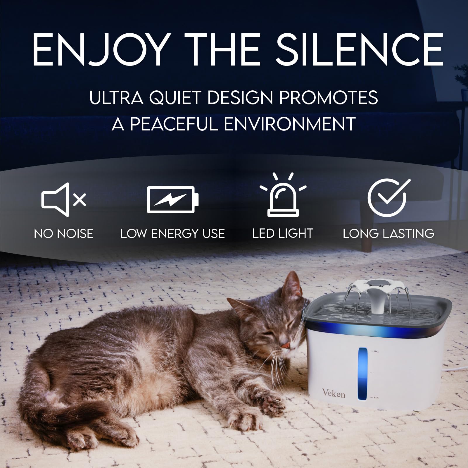 Veken ultra-quiet pump keeps household noise low.