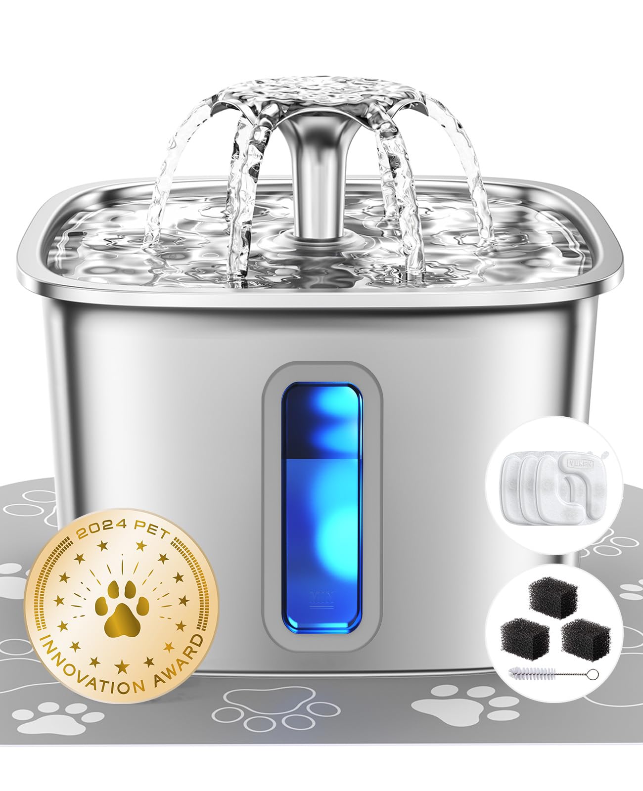 Veken stainless steel cat fountain front view showing durable construction for hydration