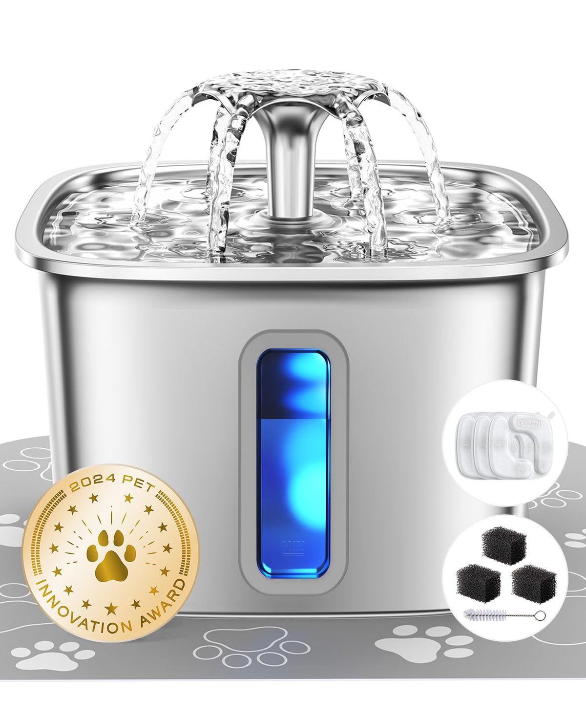 Veken stainless steel cat fountain front view showing durable construction for hydration