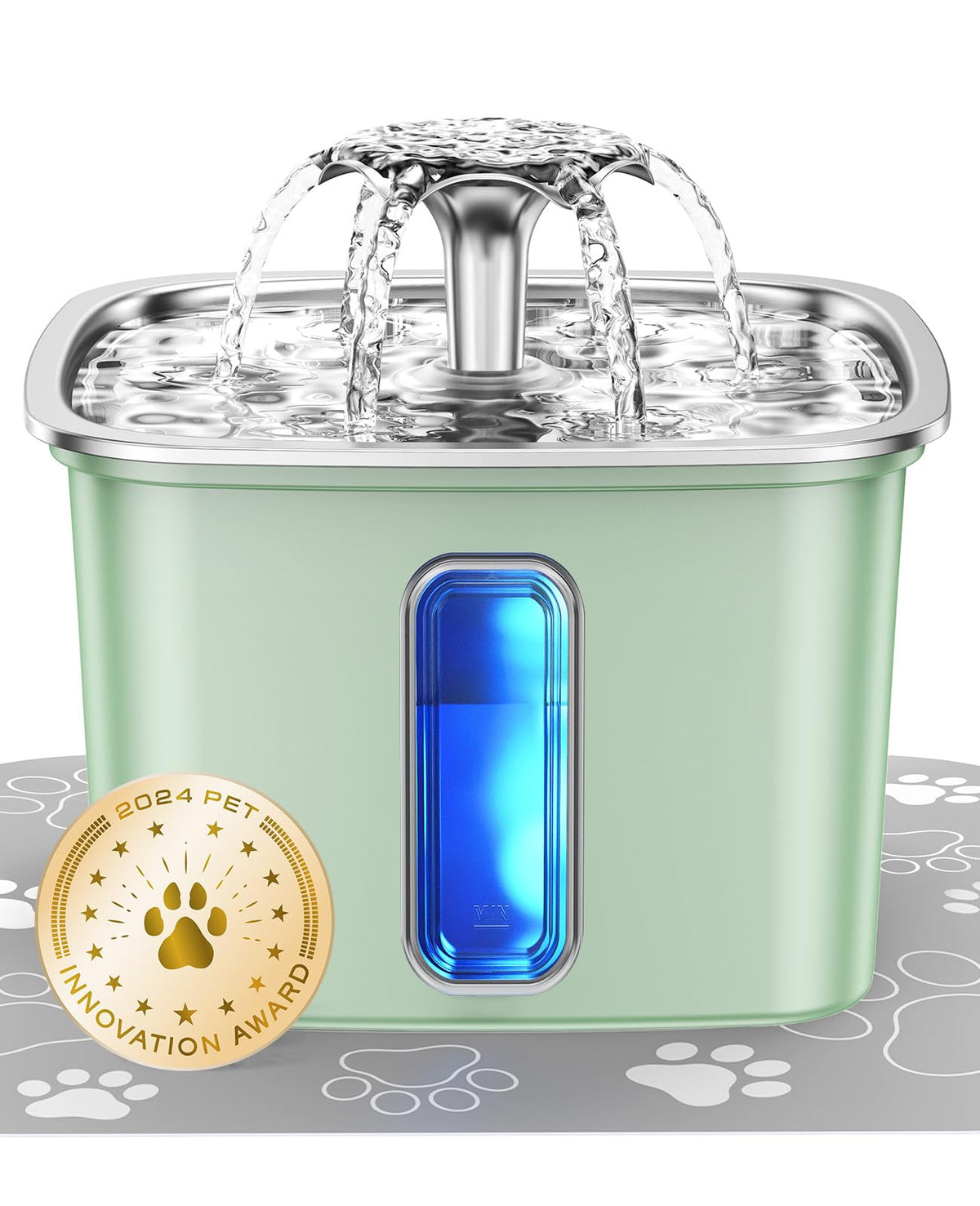 Veken stainless steel fountain showing full 108oz capacity for steady hydration.