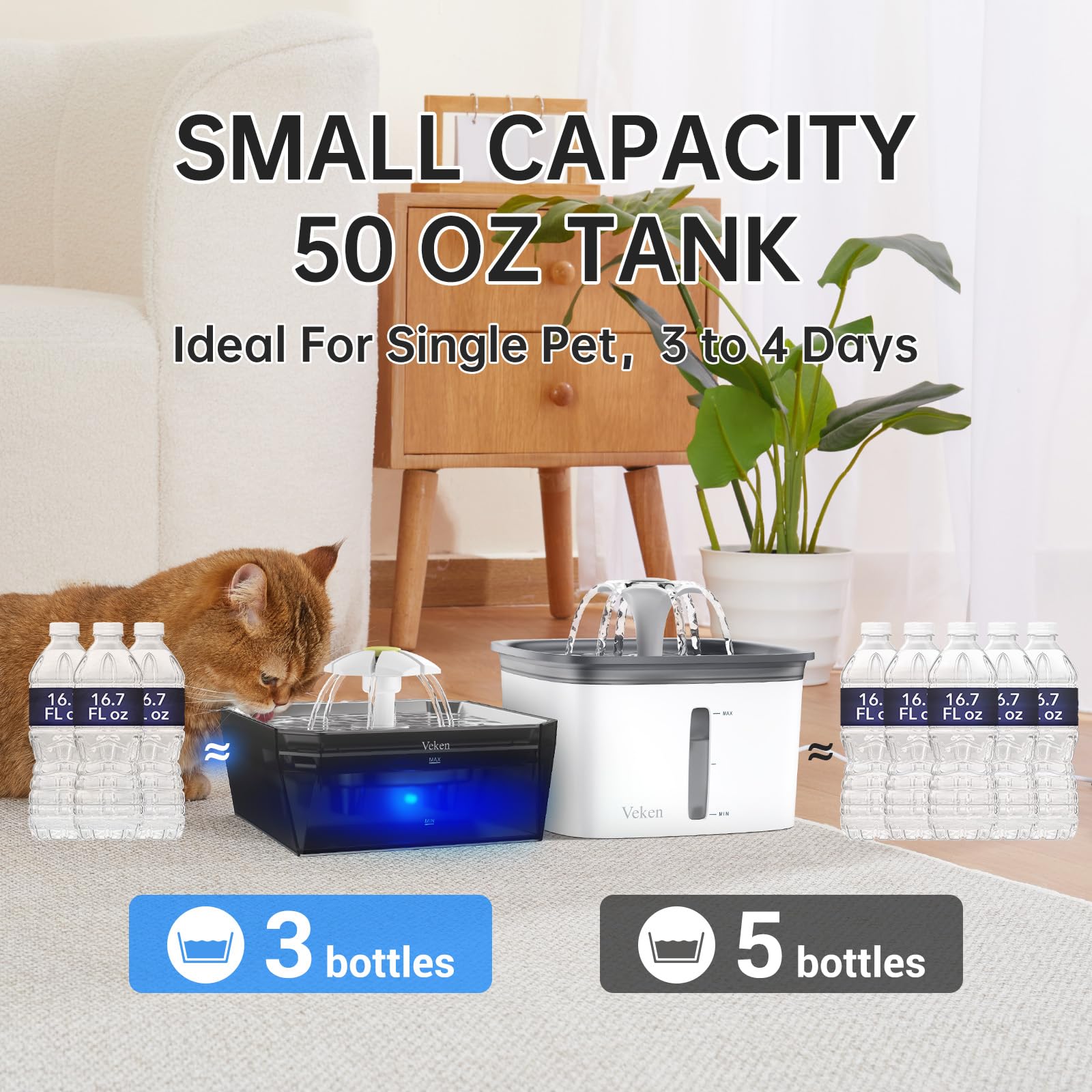 Veken transparent tank provides 360-degree water level visibility for quick checks.
