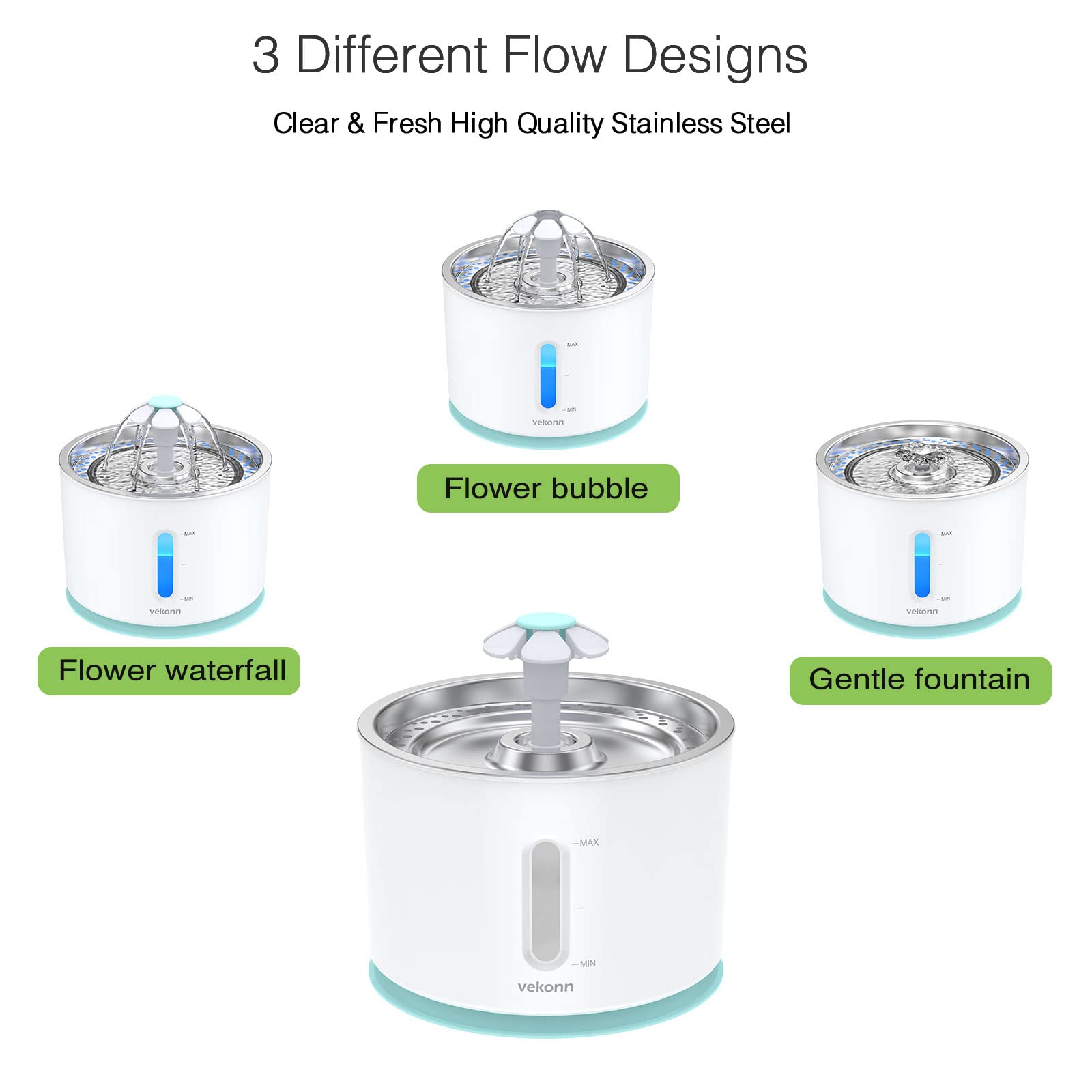 Vekonn 360-degree streams aerate water to encourage drinking.