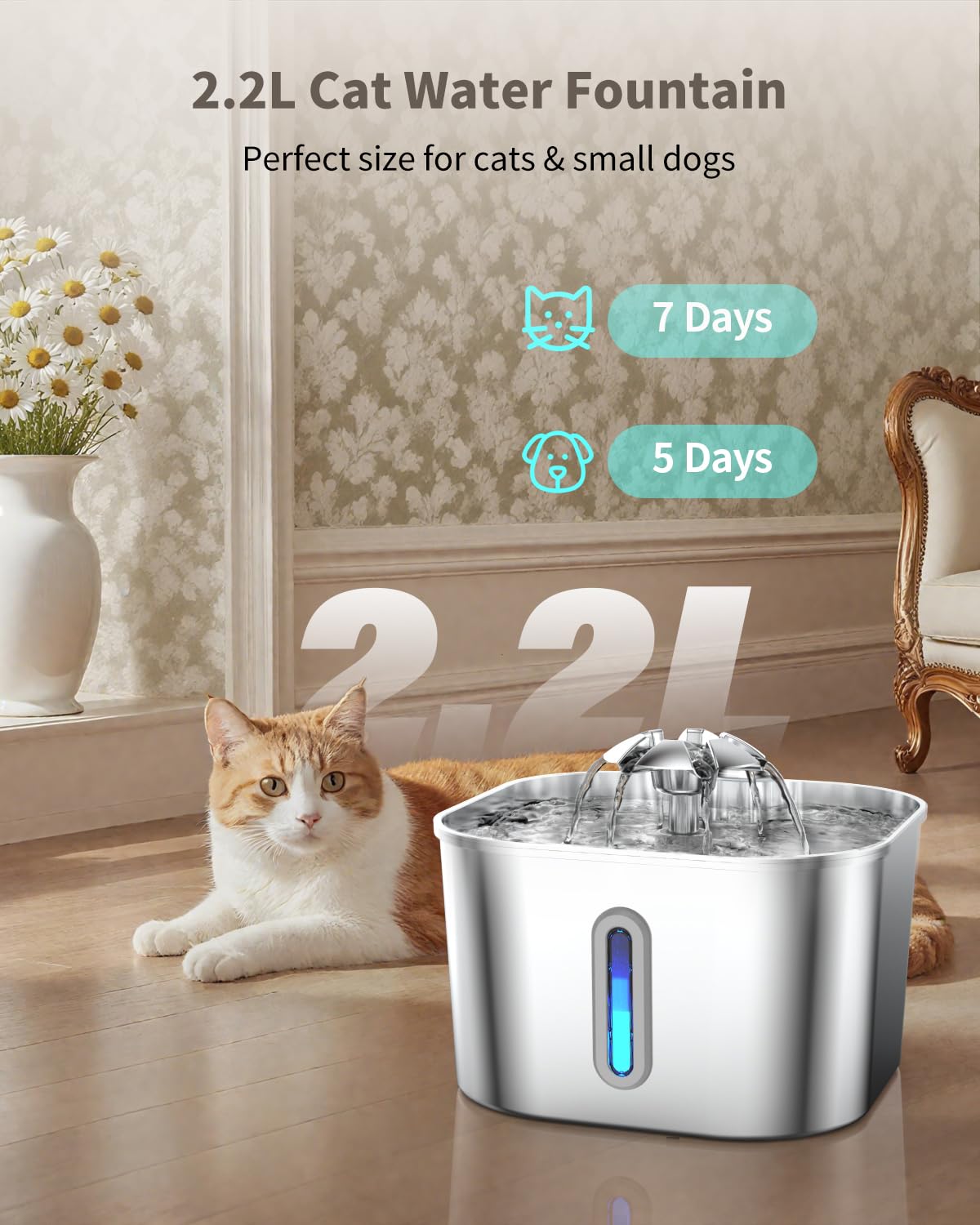 Vekonn fountain 74oz capacity keeps pets hydrated longer between refills.