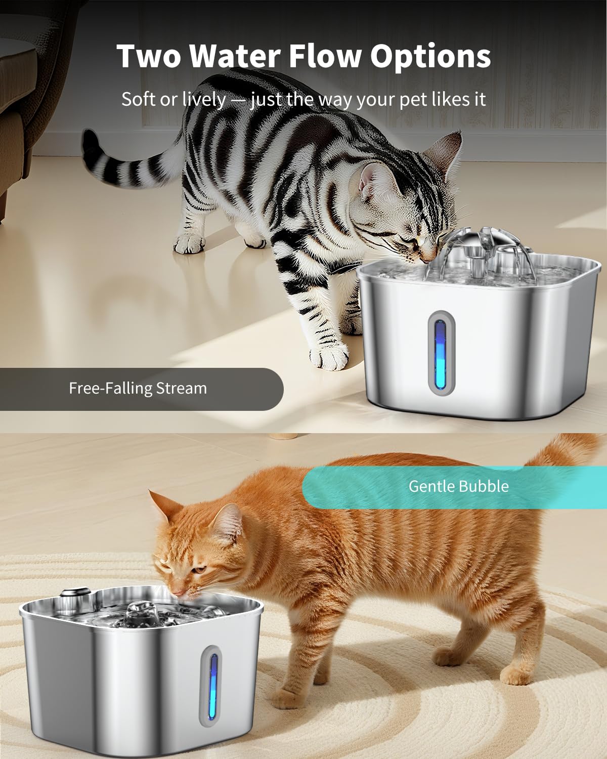Vekonn flowing water option highlights natural drinking appeal for pets.