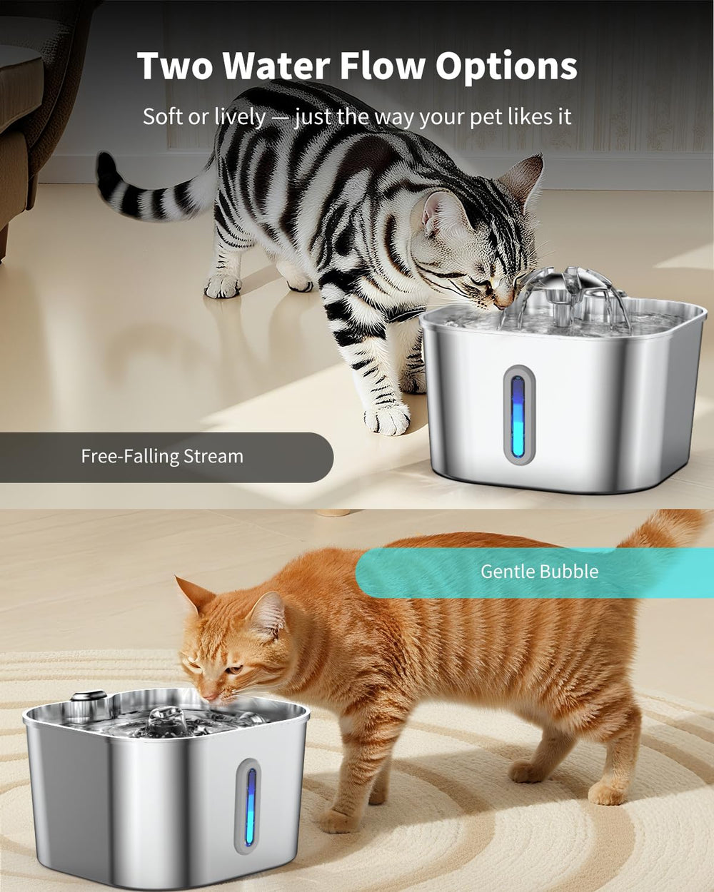 Vekonn flowing water option highlights natural drinking appeal for pets.