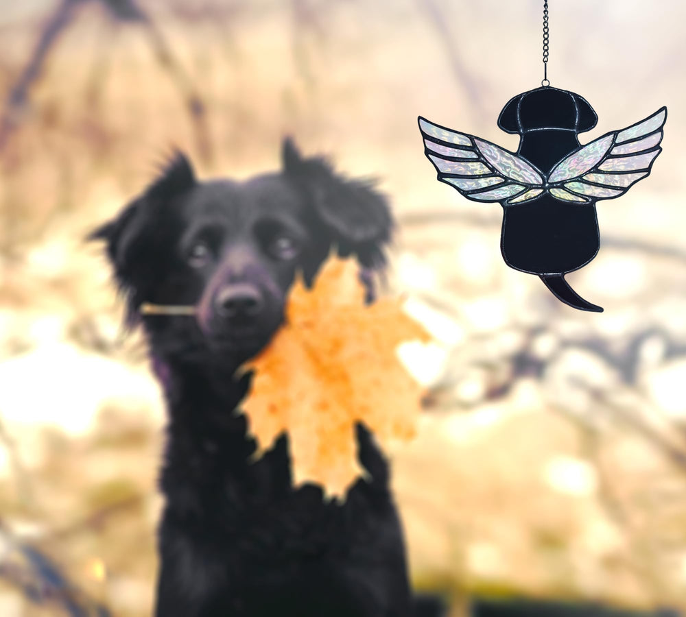 Velasyart angel dog stained glass hanging ornament commemorates a pet with grace.