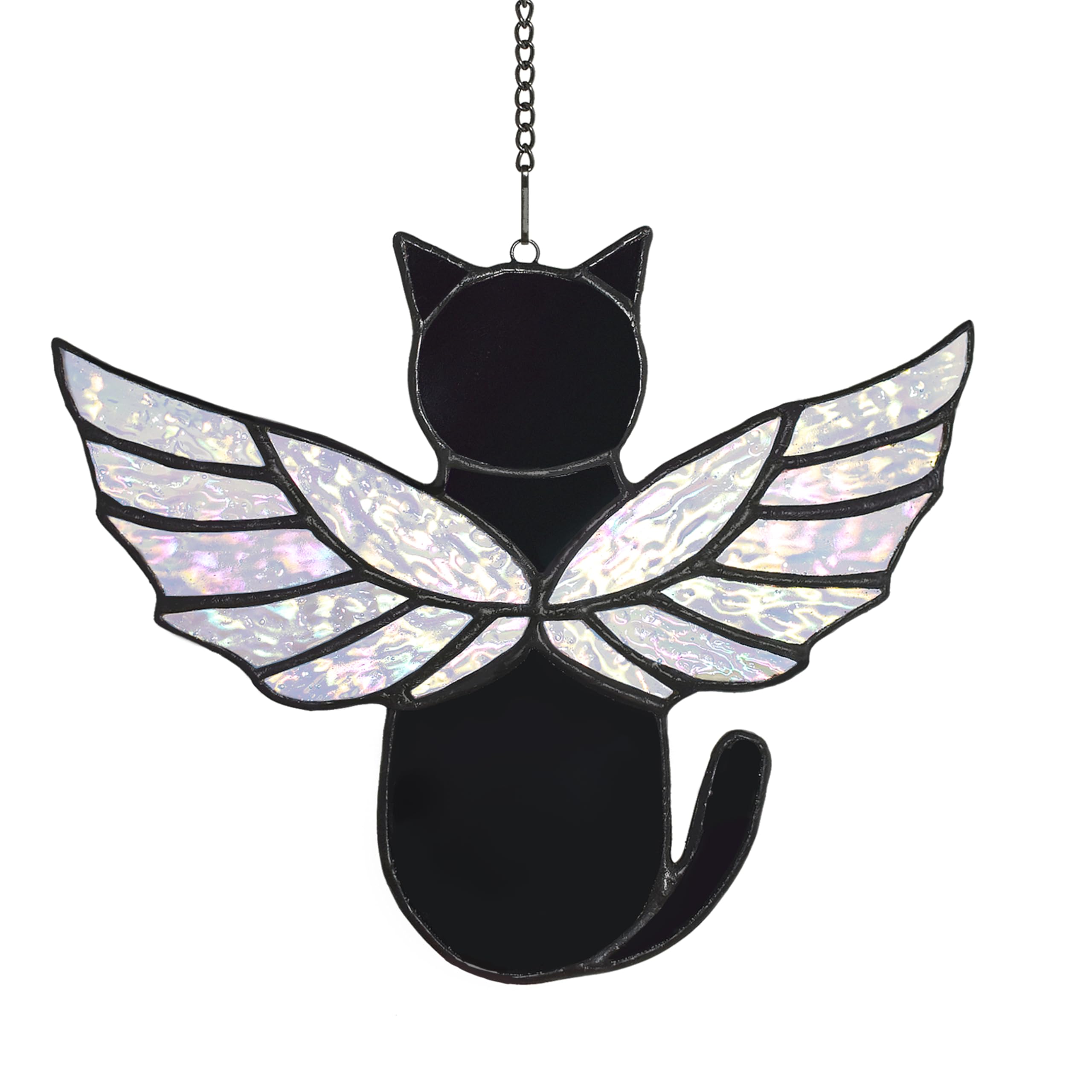 Velasyart angel rainbow wing suncatcher in black, creates a warm memorial glow through sunlight.
