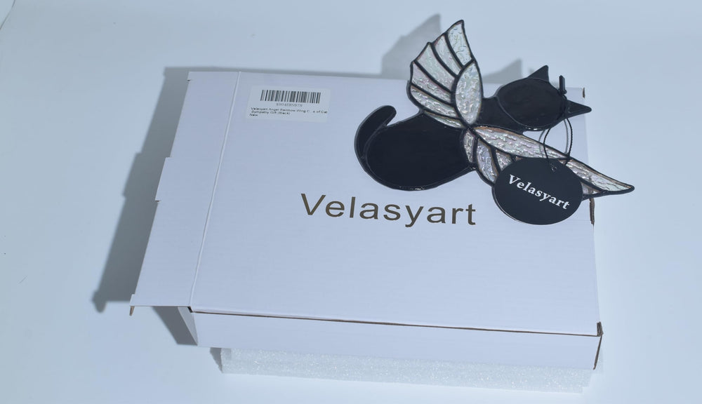Velasyart handcrafted angel wing suncatcher, black stained glass, a thoughtful sympathy keepsake.