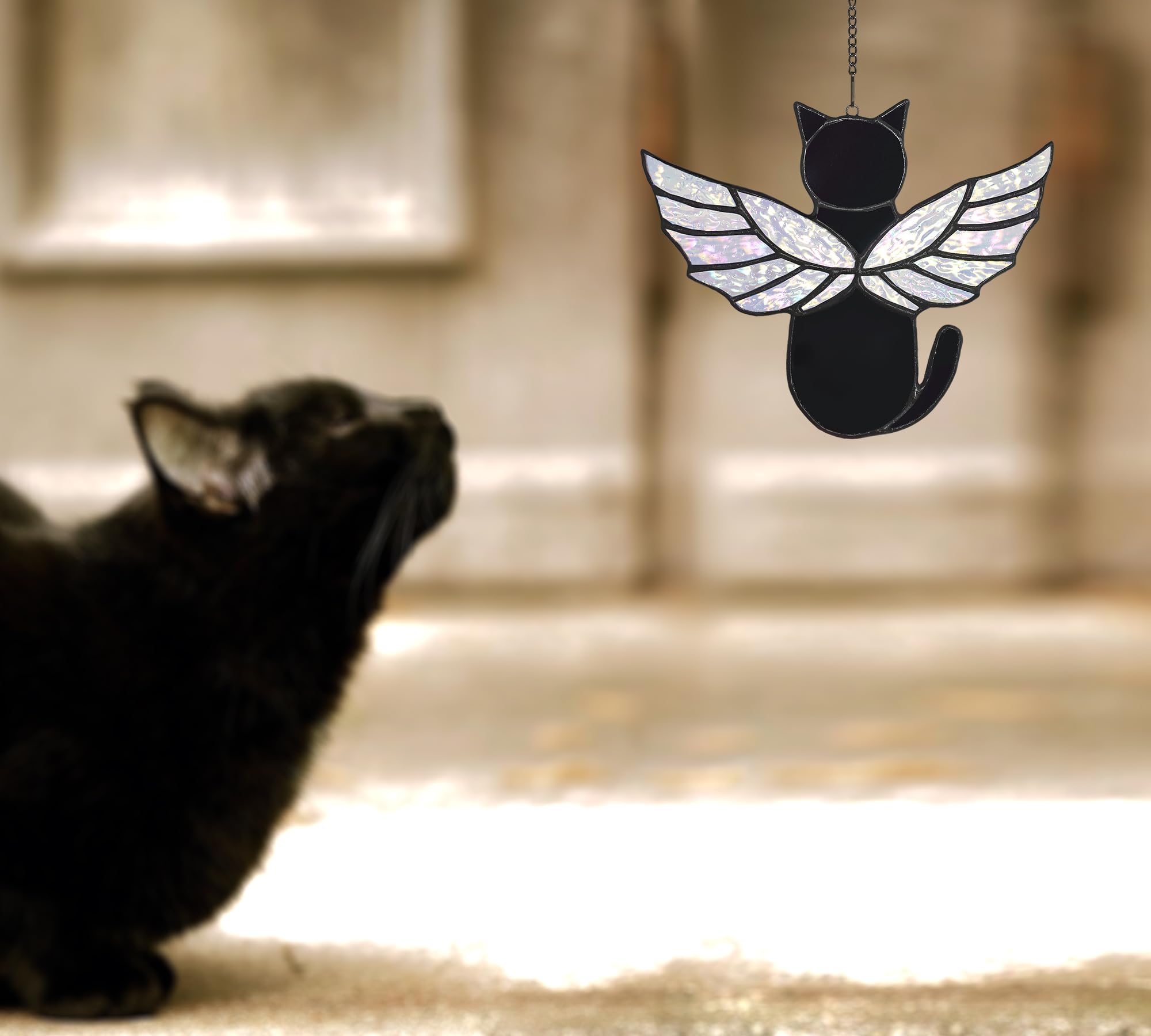 Velasyart stained glass cat ornament, black design, adds vibrant color to memorial space.