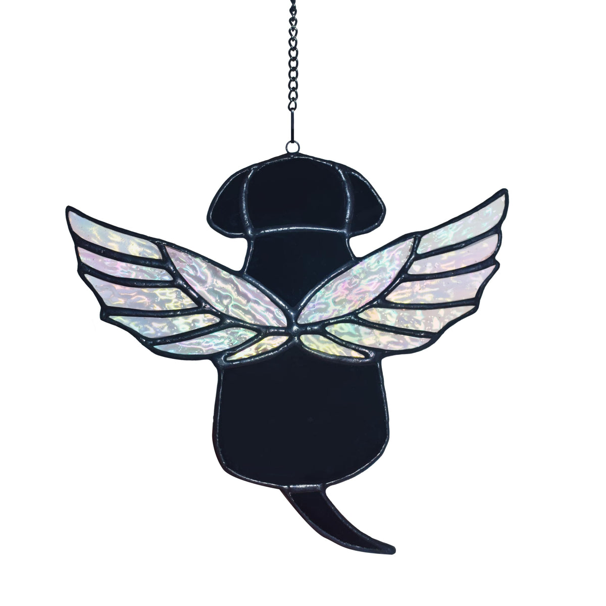 Velasyart stained glass rainbow wing angel dog memorial hangs in sunlight to honor a dog's memory.