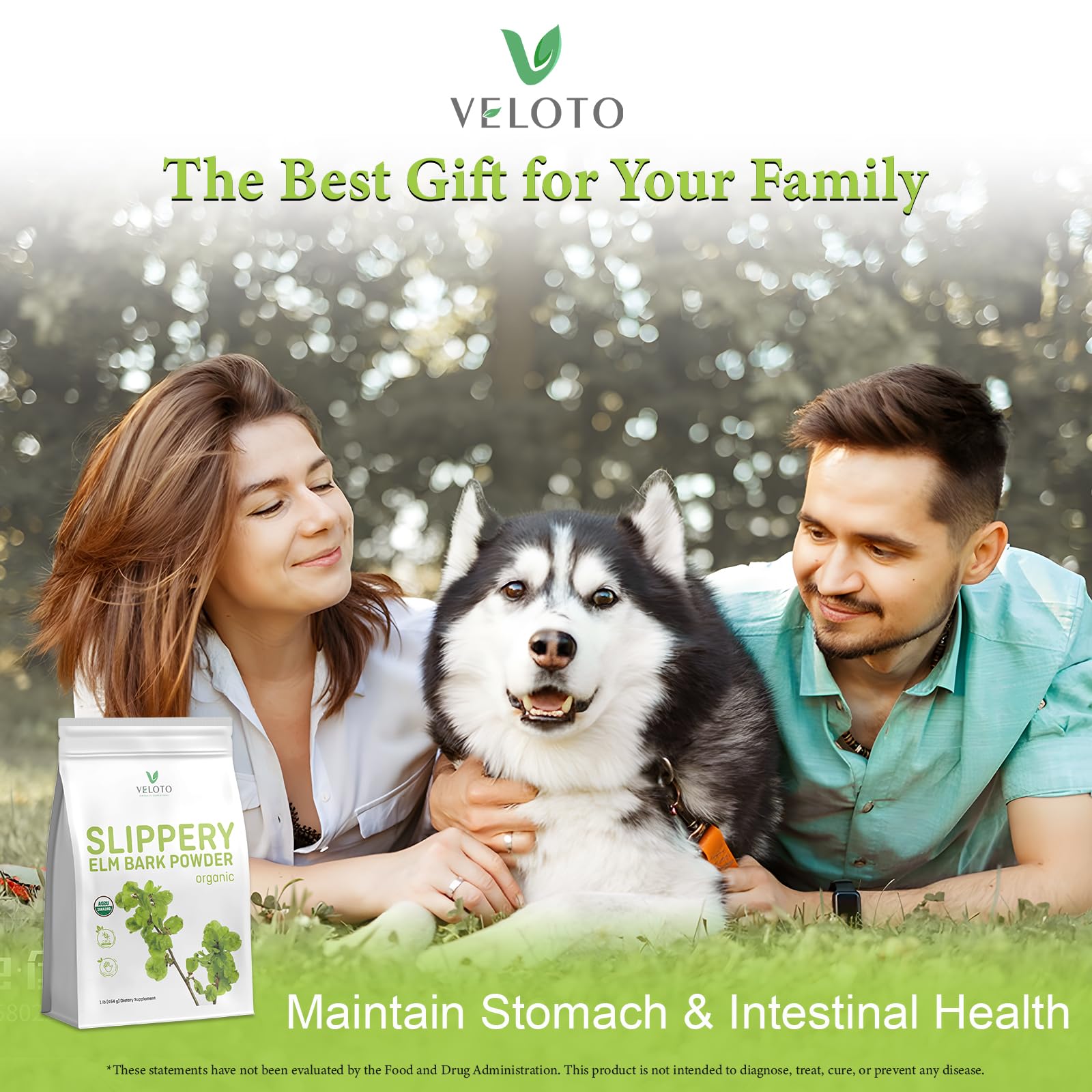 VELOTO organic slippery elm powder in a bright kitchen scene.