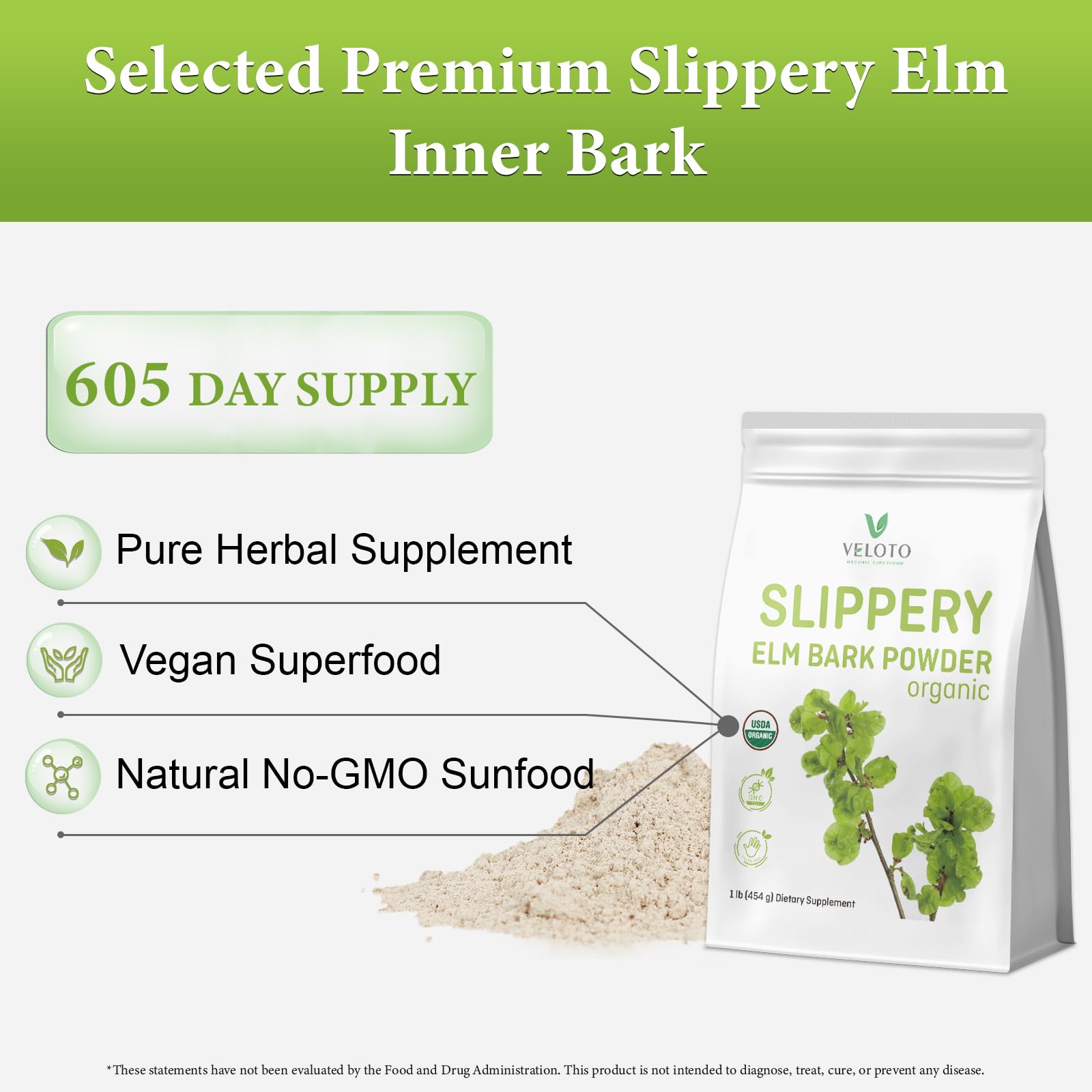 VELOTO slippery elm powder bottle closeup highlighting pure inner bark.