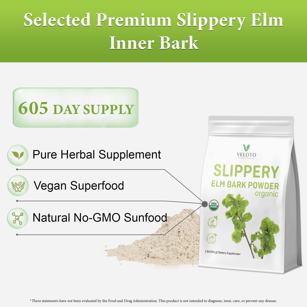 VELOTO slippery elm powder bottle closeup highlighting pure inner bark.