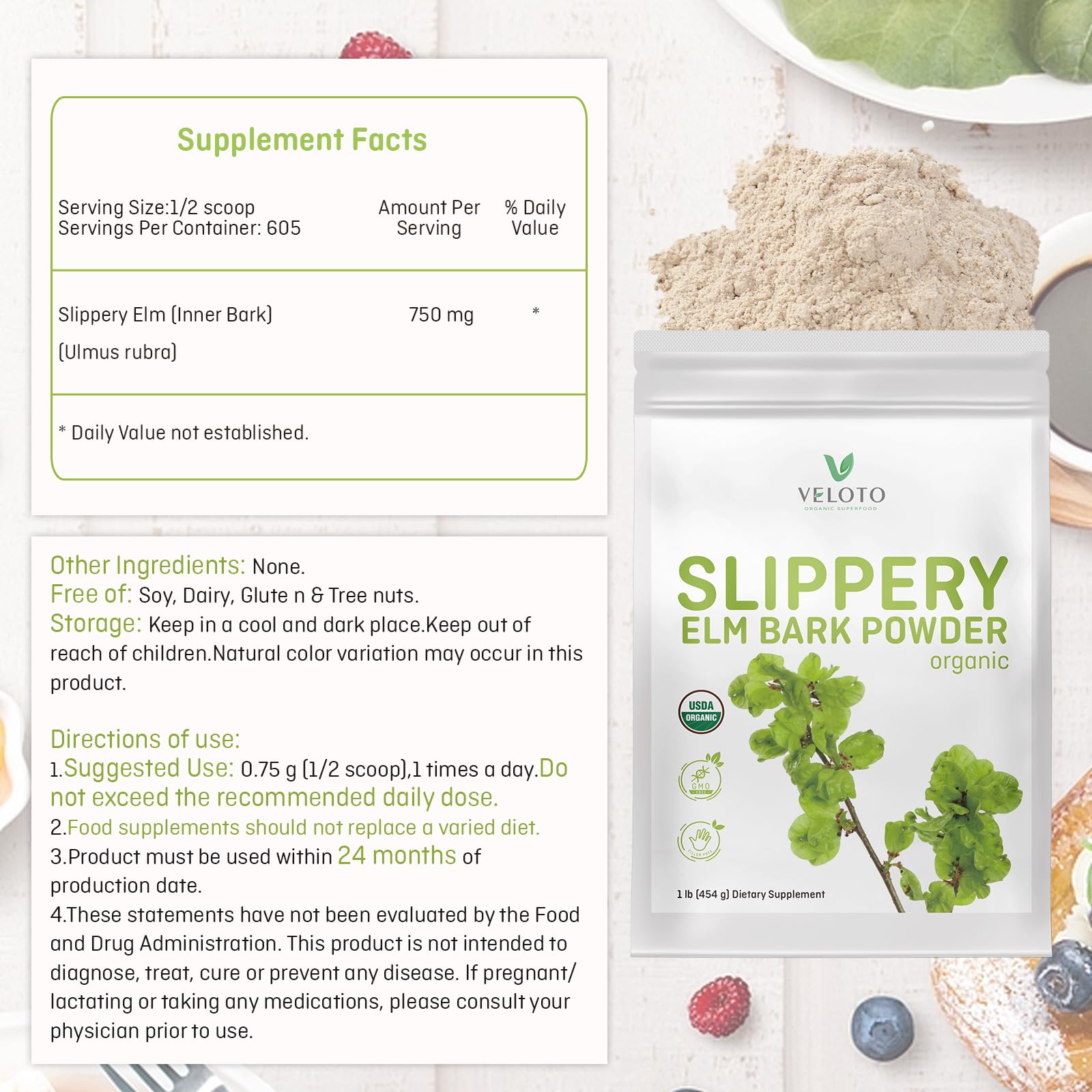 VELOTO slippery elm powder dissolving in water for gentle digestion support.