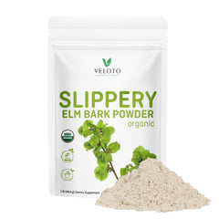 VELOTO slippery elm powder jar on kitchen counter for daily throat comfort.