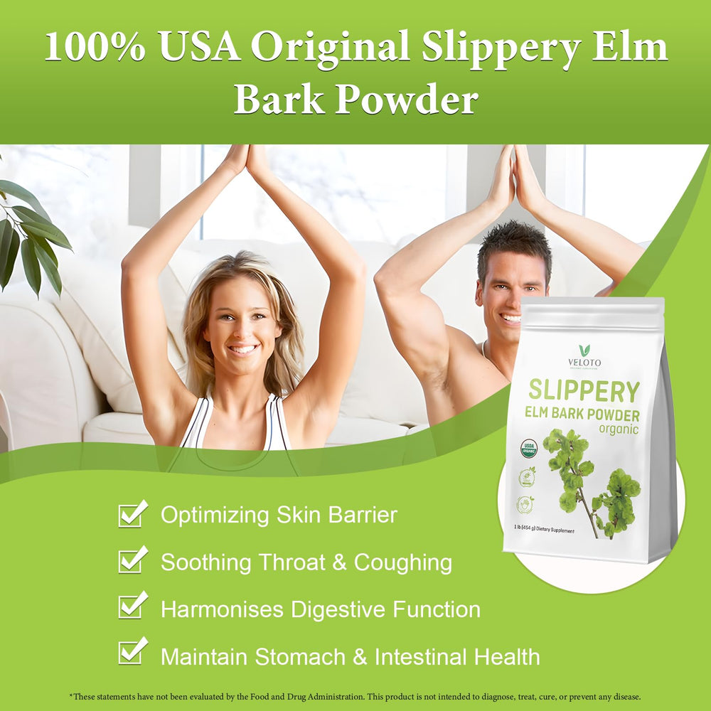 VELOTO slippery elm powder with measuring scoop for precise dosing.