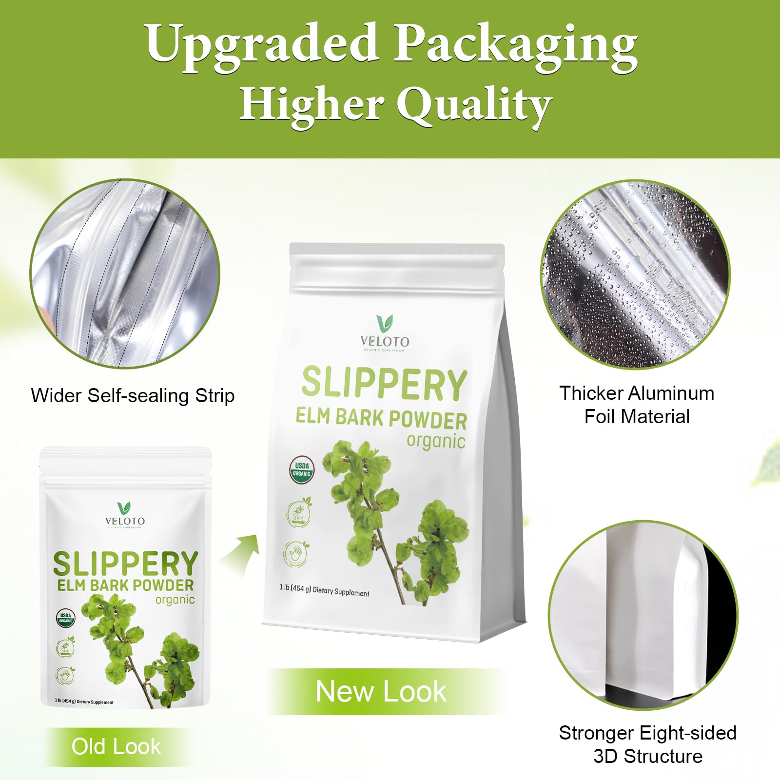 VELOTO slippery elm powder packaging labeled USA-grown, non-GMO.