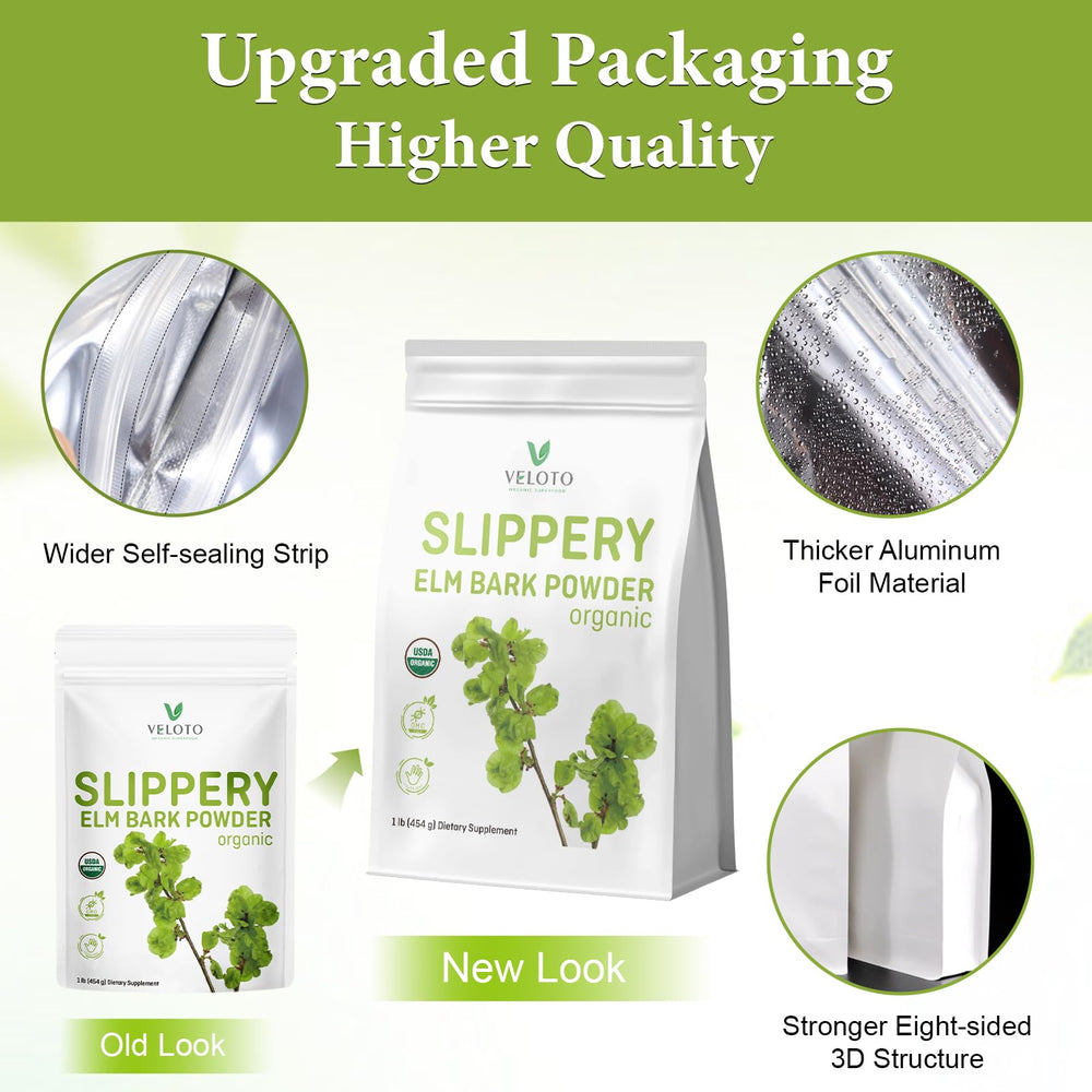 VELOTO slippery elm powder packaging labeled USA-grown, non-GMO.