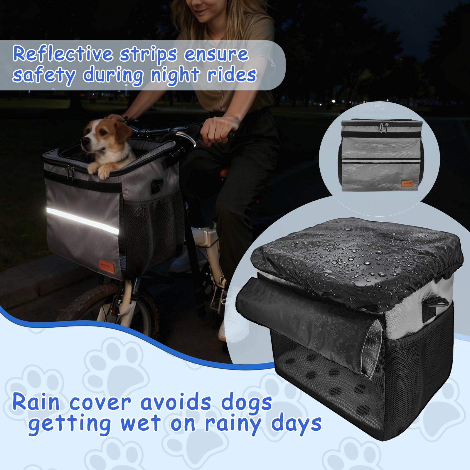 VeluXanipyr dog bike basket reflective strips improve night visibility.