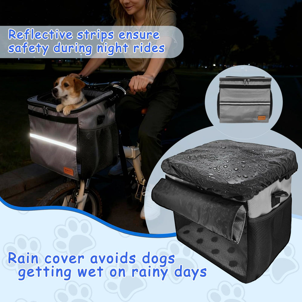 VeluXanipyr dog bike basket reflective strips improve night visibility.