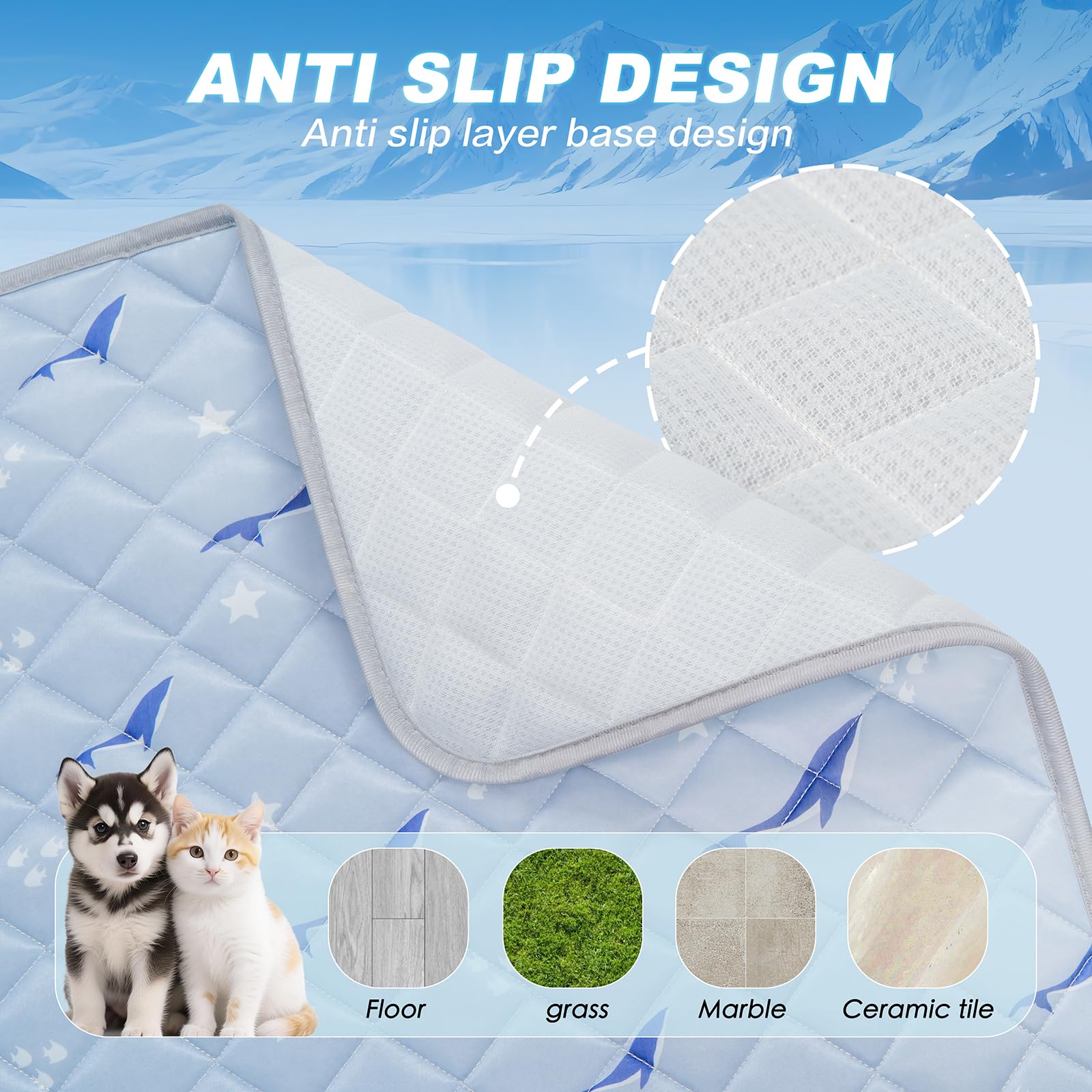 Velvopet dog cooling mat in car seat demonstrates travel-friendly cooling.