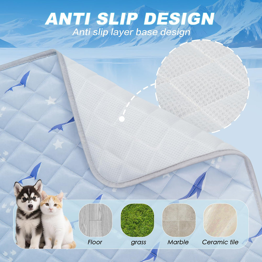Velvopet dog cooling mat in car seat demonstrates travel-friendly cooling.