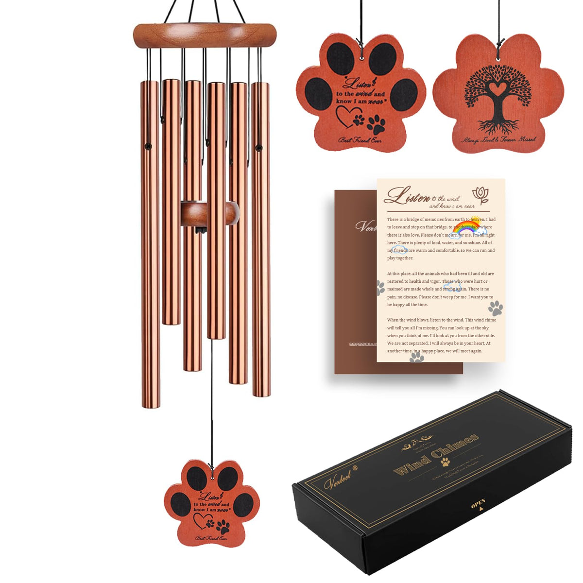 VENBEEL dog memorial wind chime front view with serene outdoor ambiance.