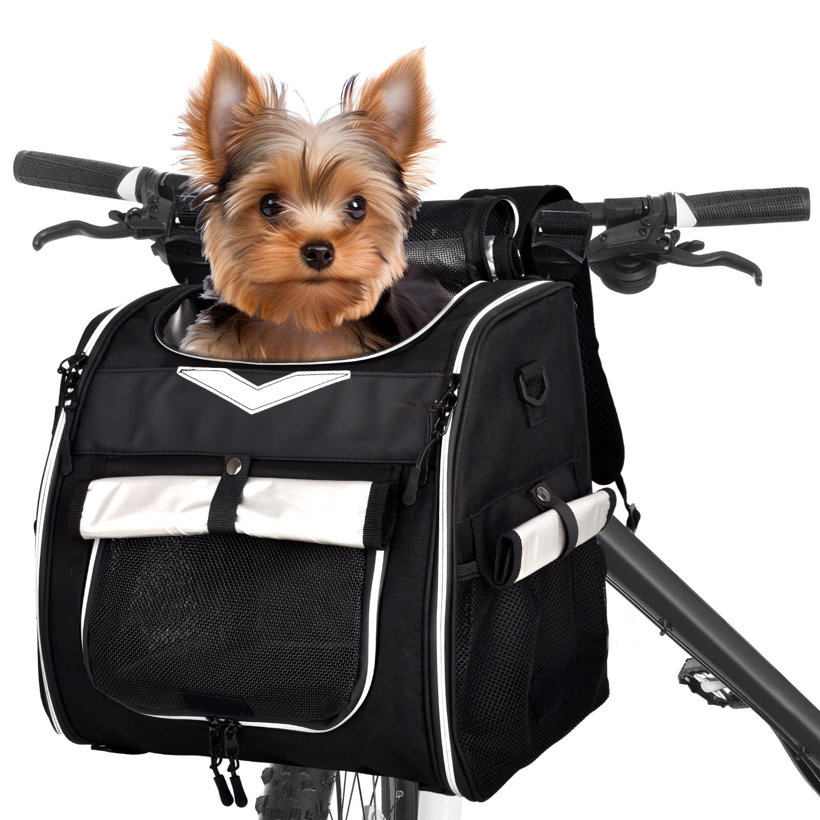 VENFOREST dog bike basket mounted on a bike with secure three-point strap for stability.