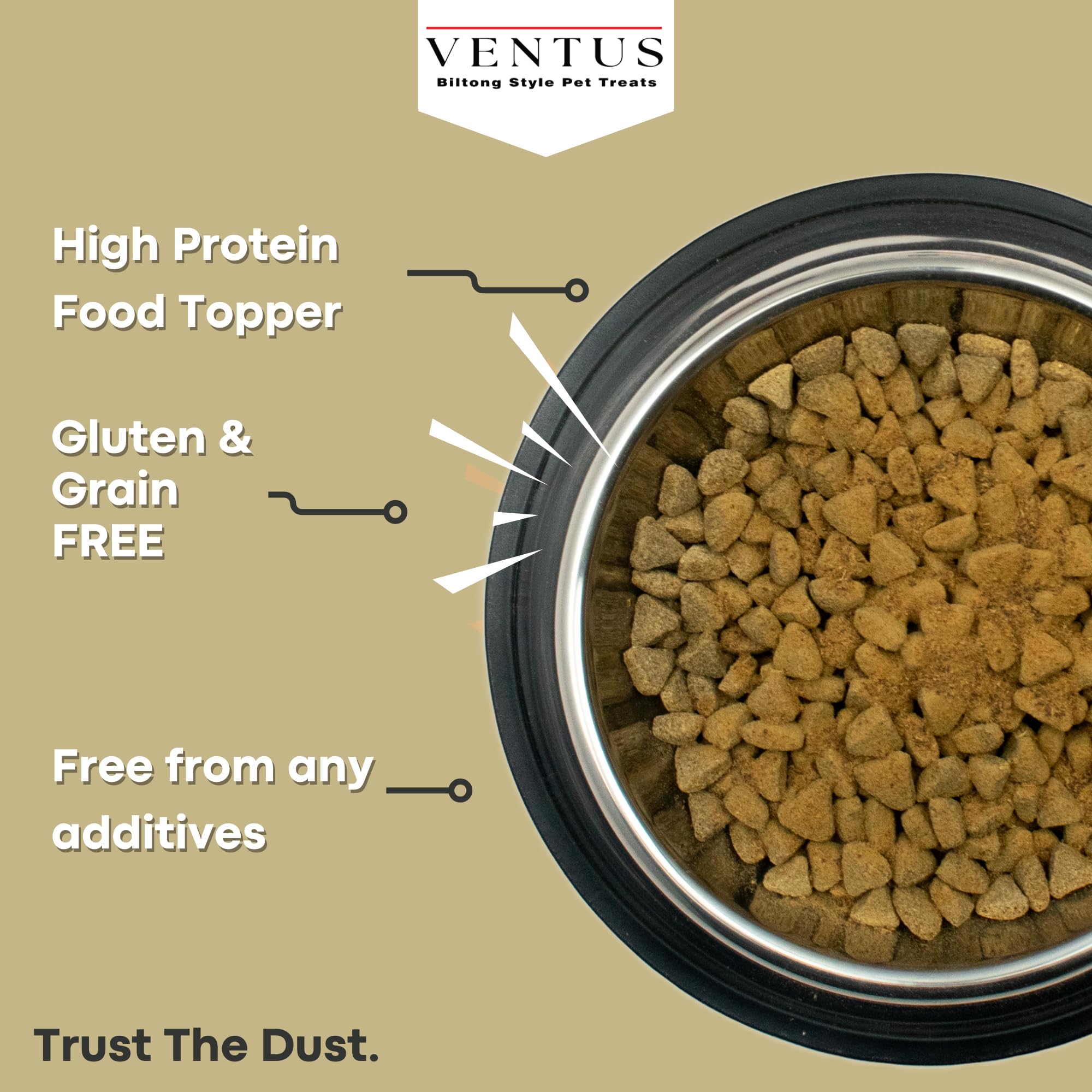 Ventus venison topper served in dog bowl enhances kibble flavor