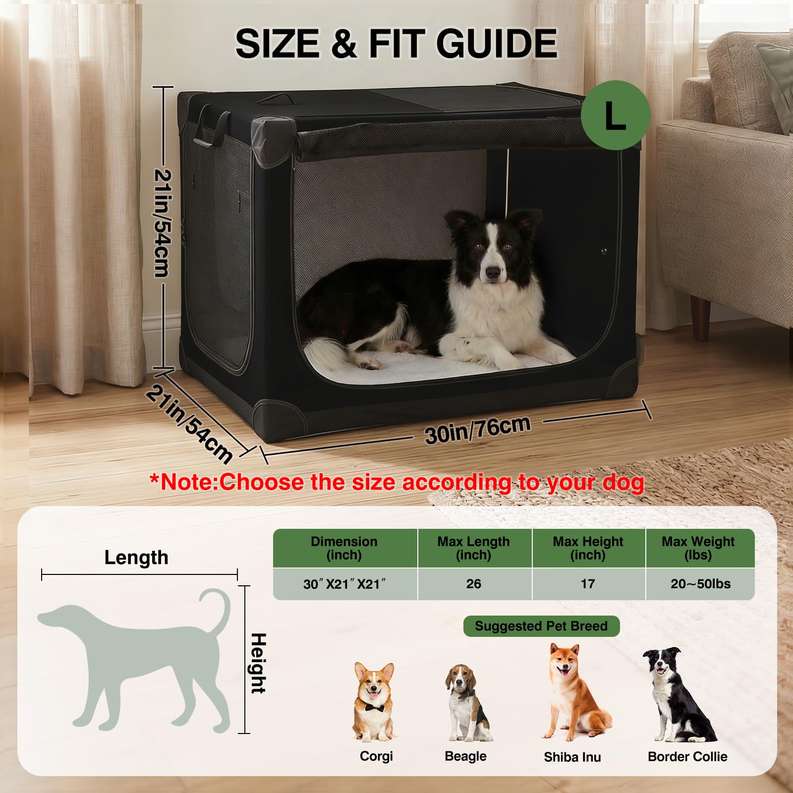 Veraste collapsible travel dog crate side view, fits in SUV for relaxed travel.