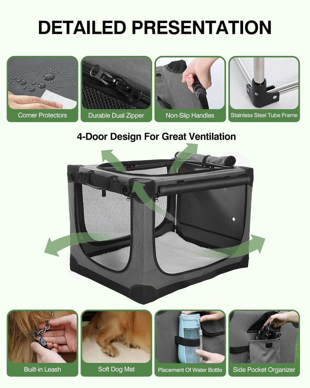 Grey Veraste travel kennel ideal for indoor use and outdoor adventures with pets up to 30 lbs.