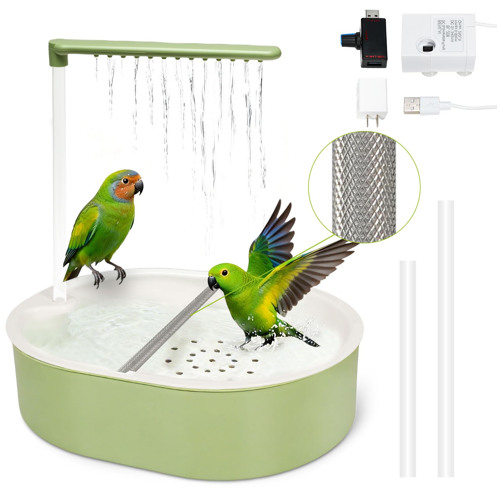 Verdria automatic parakeet bird bath pump with adjustable flow for indoor cages.