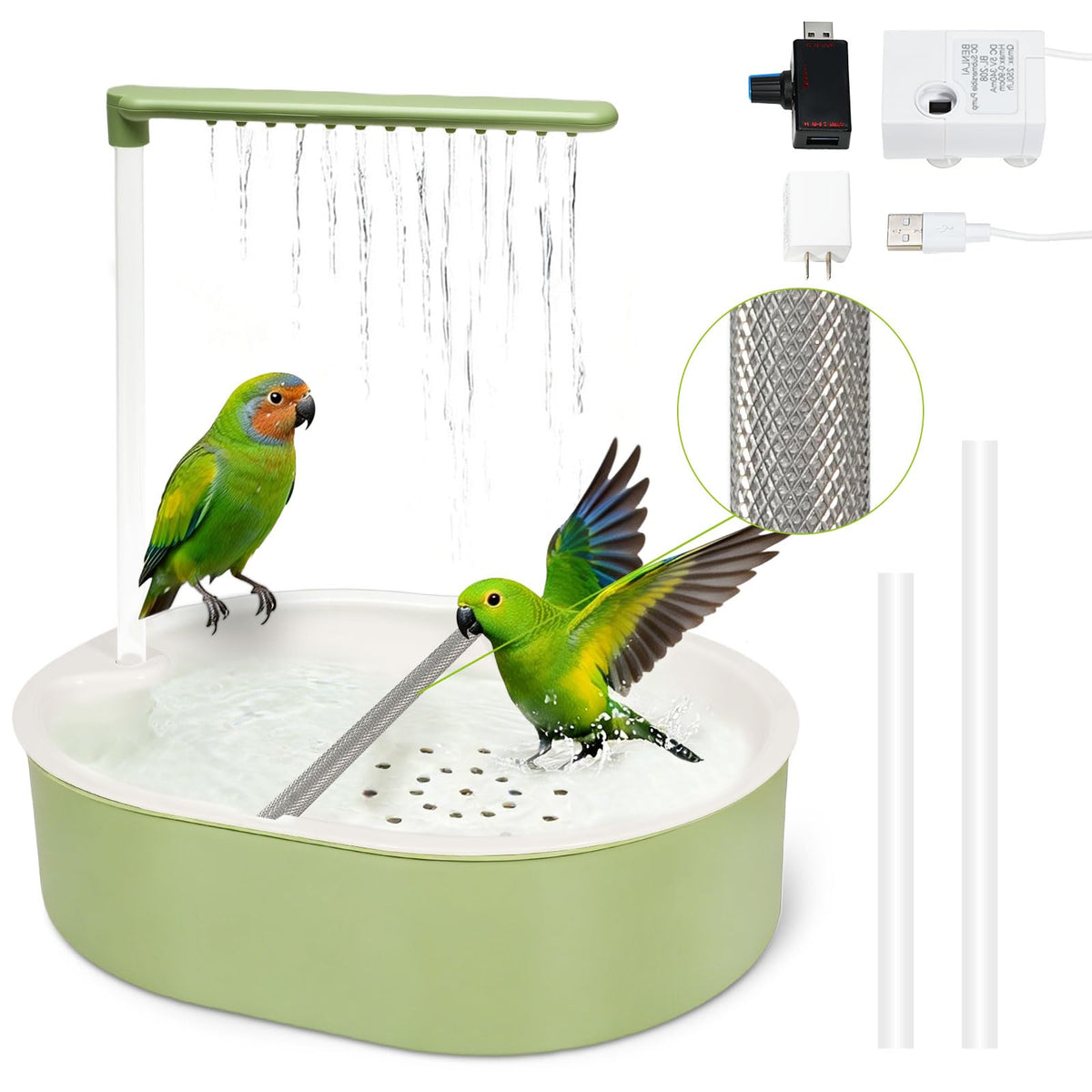 Verdria automatic parakeet bird bath pump with adjustable flow for indoor cages.