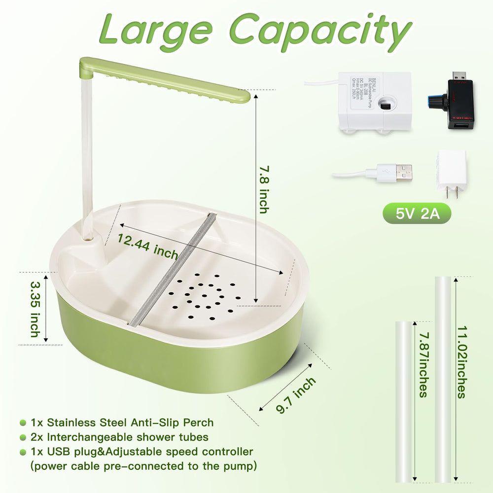 Verdria dual-height shower tubes offering versatile splash intensity for shy or active birds.