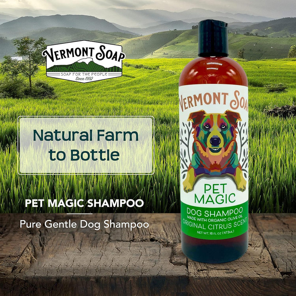 Organic olive oil and coconut blend nourishes the dog's skin.