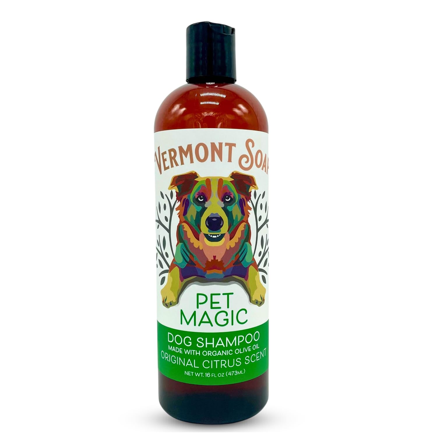 Vermont Soap Organics pet shampoo bottle with citrus scent, USDA certified, ideal for sensitive dogs.