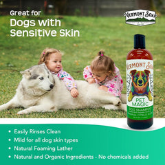 Creamy lather foams up, infusing scent through dog's coat.