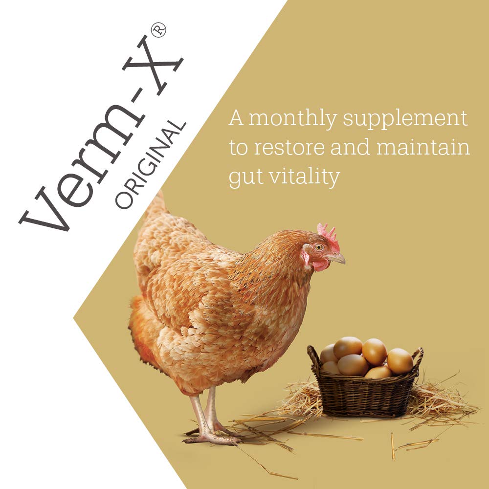 Verm-X label on bottle highlights natural herbal formula for poultry.